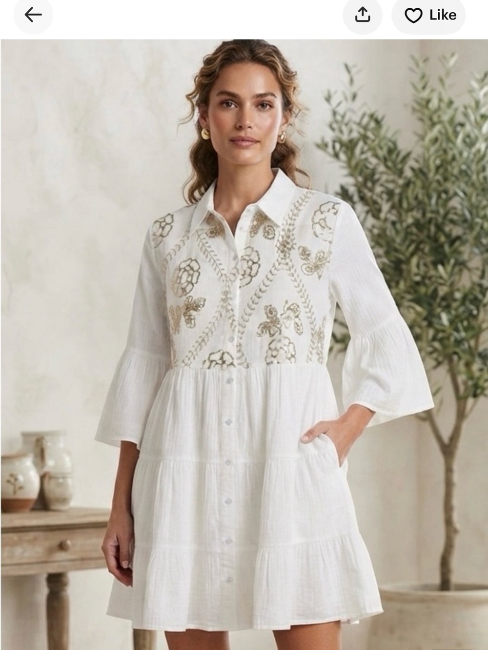 POL White Tiered Mini Dress with Gold Sequin Embroidery NWOT